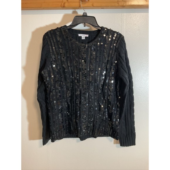 Isaac Mizrahi Women’s M Sequin Cardigan NWT Black Shiny Cable Knit Fashion - Picture 1 of 9